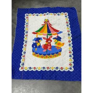 80s Unfinished Edge Carousel, White Blue, Fabric Panel, 34x42", Sewing Supply,